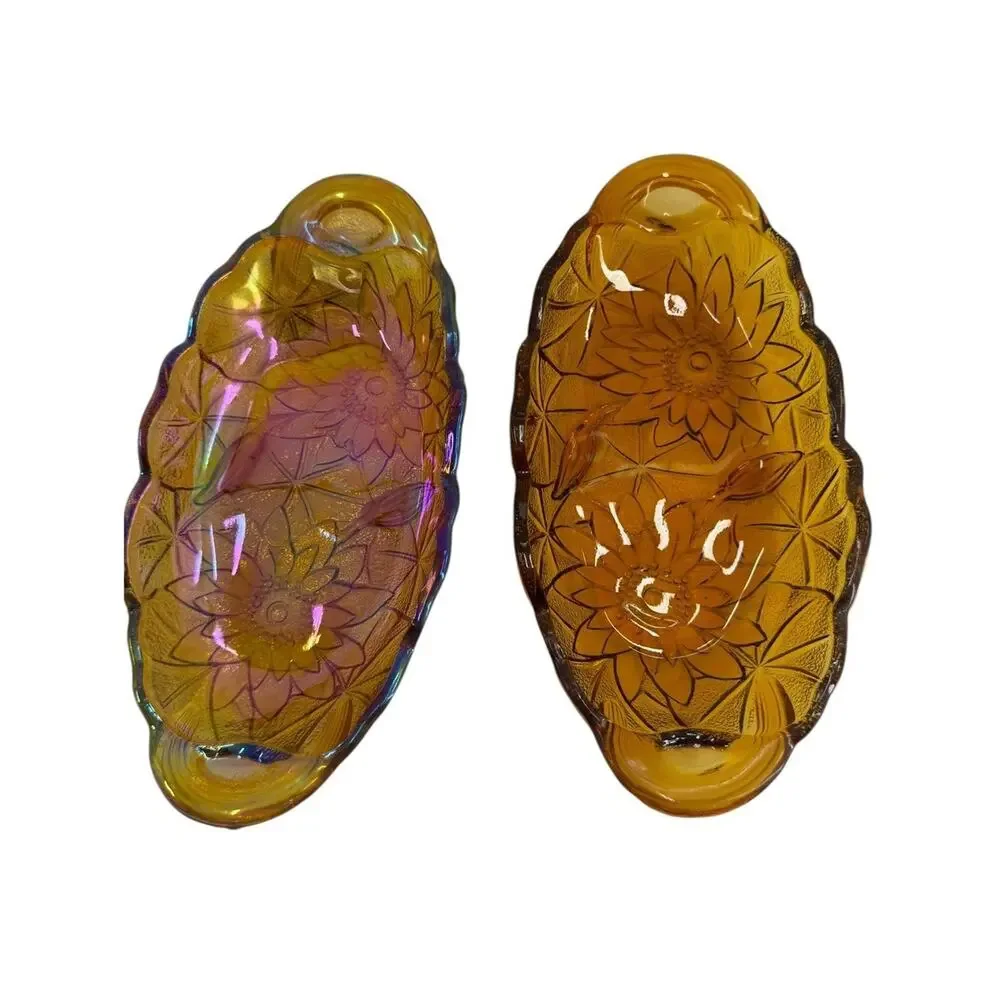 Indiana Glass Lily Pons Sunflower Marigold Carnival Relish Trays Set of 2